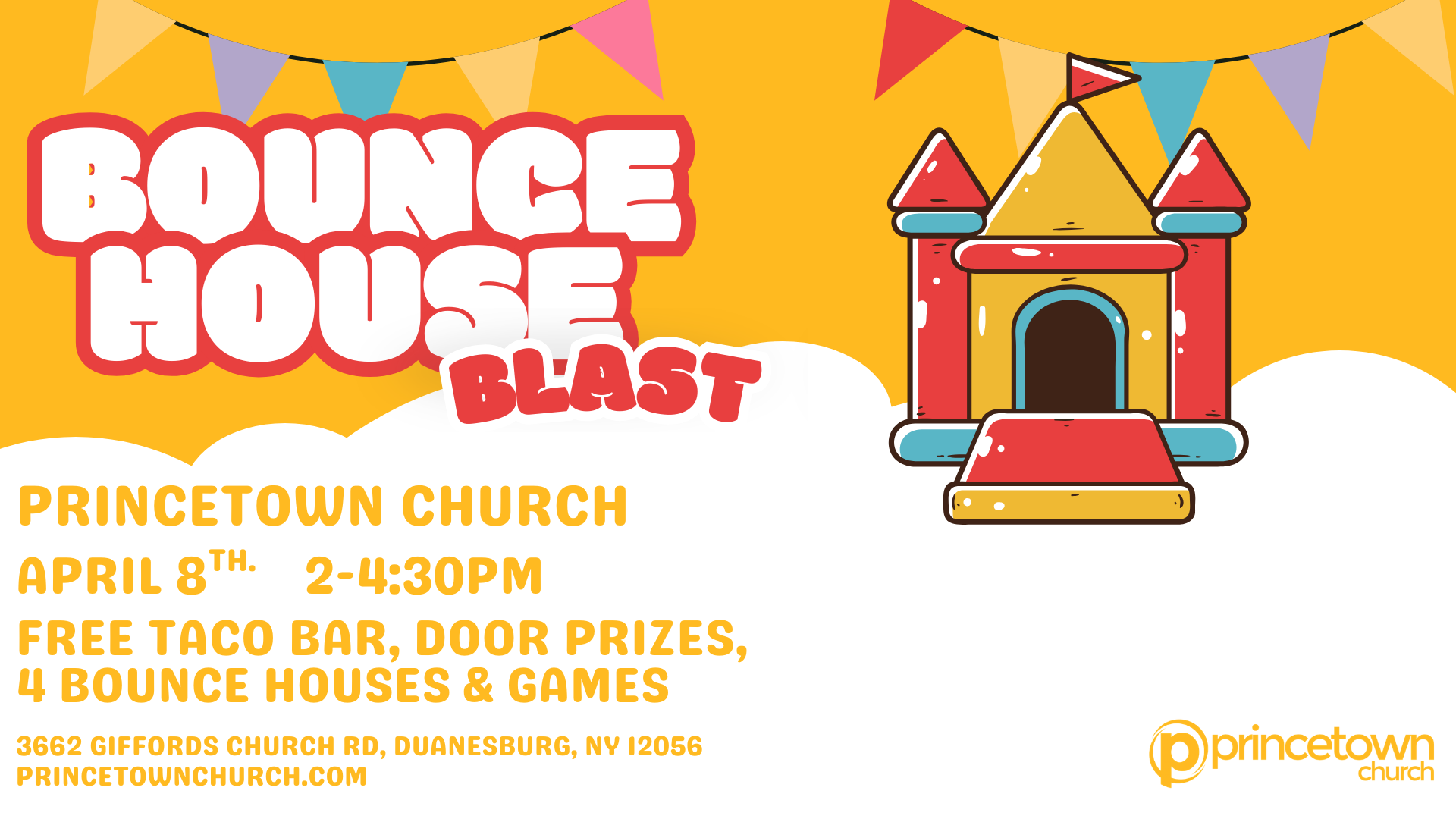 Bounce House Blast flyer — Princetown Church, April 8, 2–4:30 PM